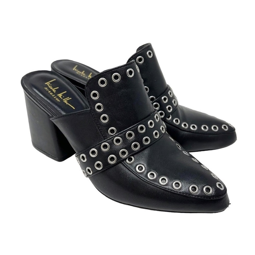 Nicole Miller Andria‎ Black Napa Leather Mules with Silver Eyelets 9M